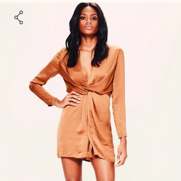 Missguided Petite Plunge Twist Front Shift Metallic Champagne Dress 4 - Picture 2 of 9